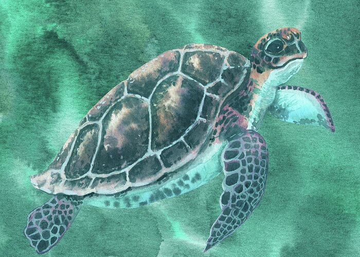Baby Turtle Greeting Card featuring the painting Baby Turtle In Teal Blue Green Waters Watercolor by Irina Sztukowski
