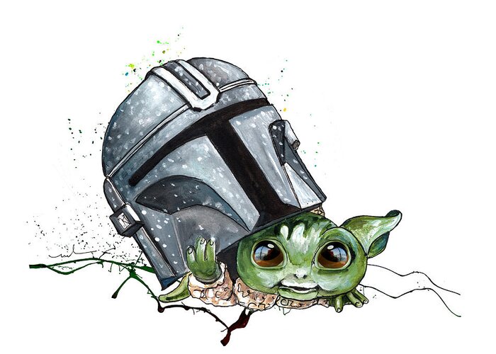 Watercolour Greeting Card featuring the painting Baby Yoda Helmet Peeking by Miki De Goodaboom