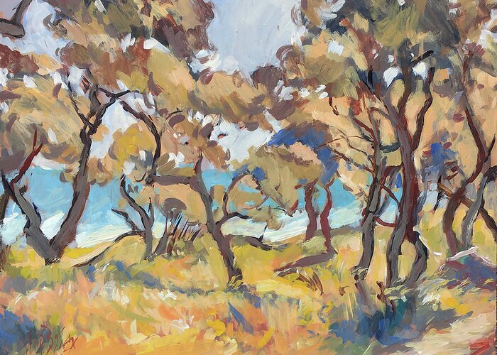 Paxos Greeting Card featuring the painting Backlight olive trees Marmari Beach by Nop Briex