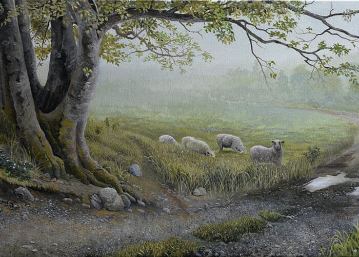 Sheep Greeting Card featuring the painting Backroads of Manchester by Charles Owens