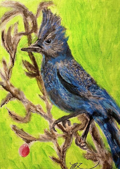 Stellar Jay Greeting Card featuring the painting Backyard Friend by Melody Fowler