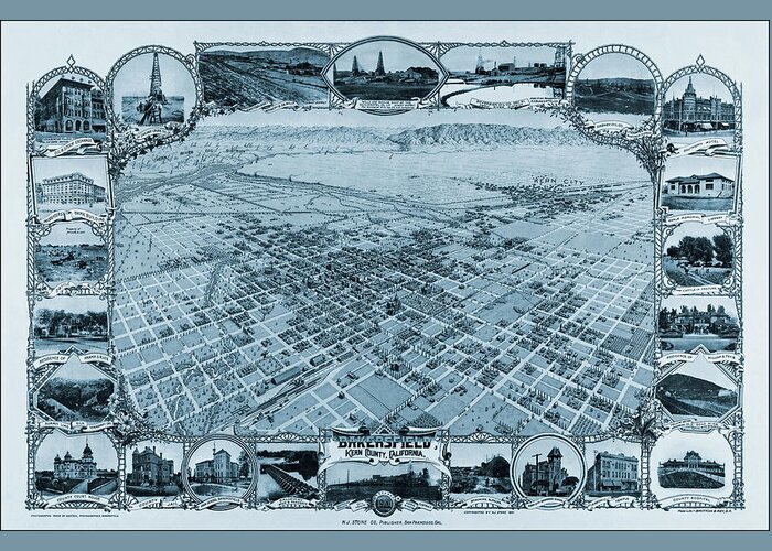 Bakersfield Greeting Card featuring the photograph Bakersfield California Vintage Map Birds Eye View 1901 Blue by Carol Japp