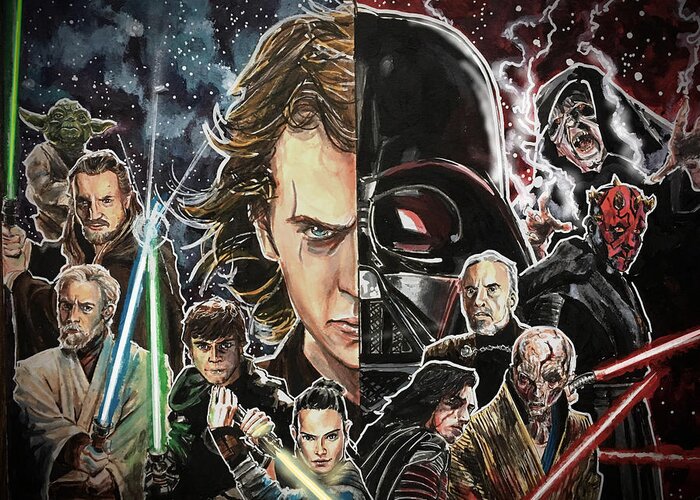 Star Wars Greeting Card featuring the painting Balance of the Force by Joel Tesch
