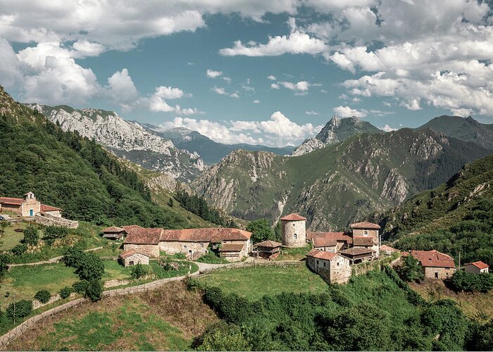 Asturias Greeting Card featuring the photograph Bandujo medieval village in Northern Spain by Benoit Bruchez