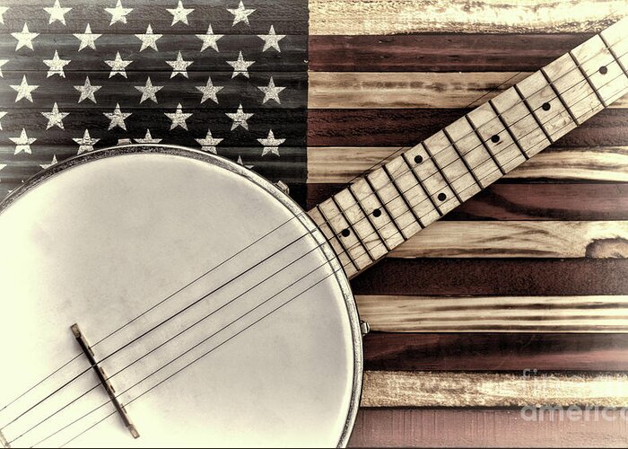 Paul Ward Greeting Card featuring the photograph Banjo on American Flag artistic by Paul Ward