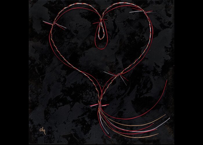 Heart Greeting Card featuring the painting Barbed Heart-Red Gold Silver Black by Tamara Nelson