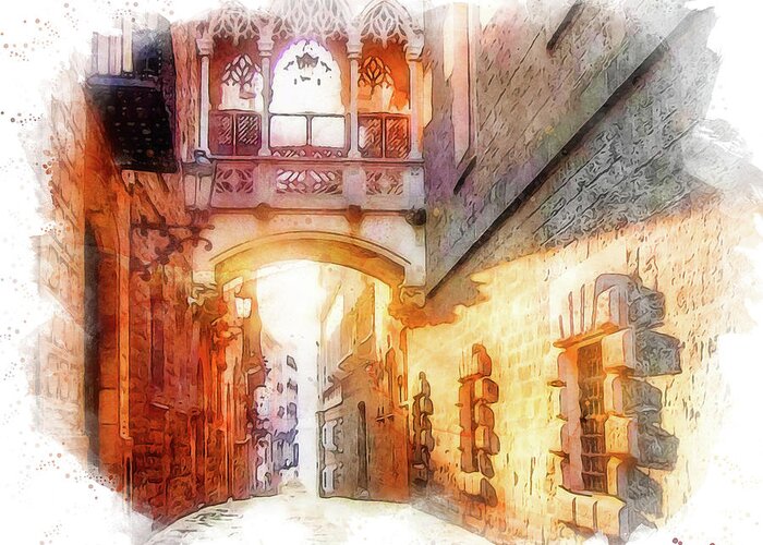 Barcelona Greeting Card featuring the painting Barcelona, Gothic Quarter - 01 by AM FineArtPrints