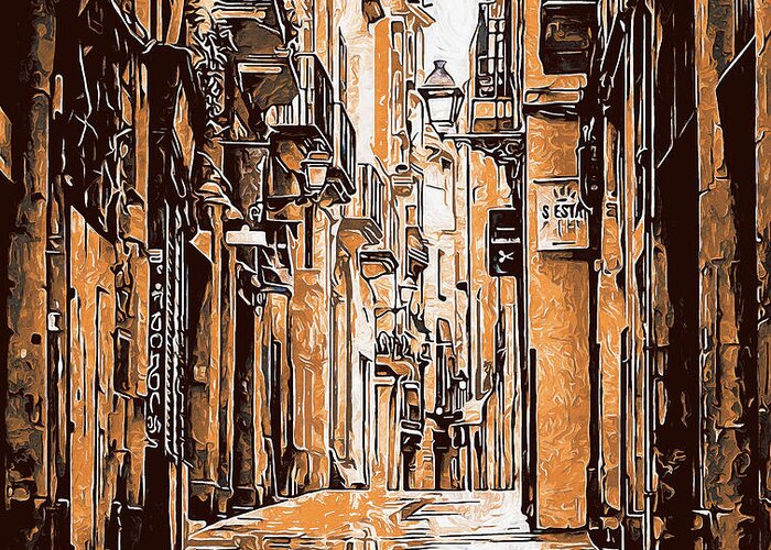 Barcelona Greeting Card featuring the painting Barcelona, Gothic Quarter - 10 by AM FineArtPrints