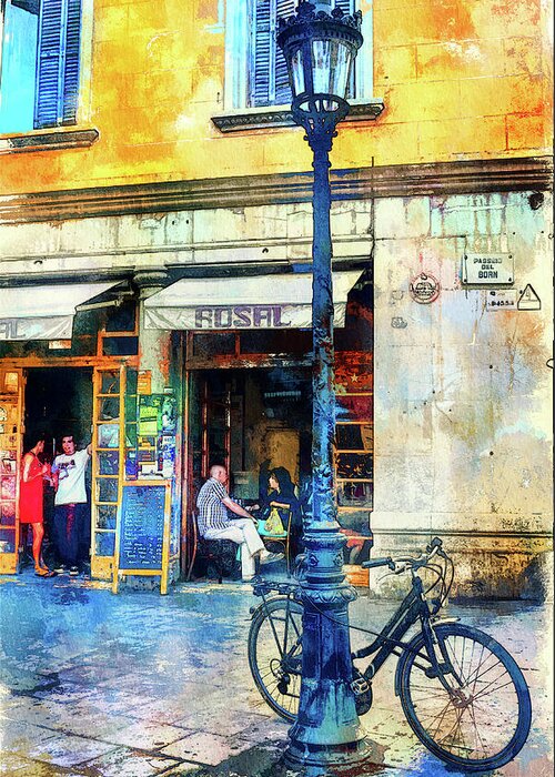 Barcelona Greeting Card featuring the mixed media Barcelona street cafe and bike by Tatiana Travelways