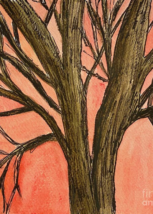 Tree Greeting Card featuring the mixed media Bare Tree Sunset by Lisa Neuman