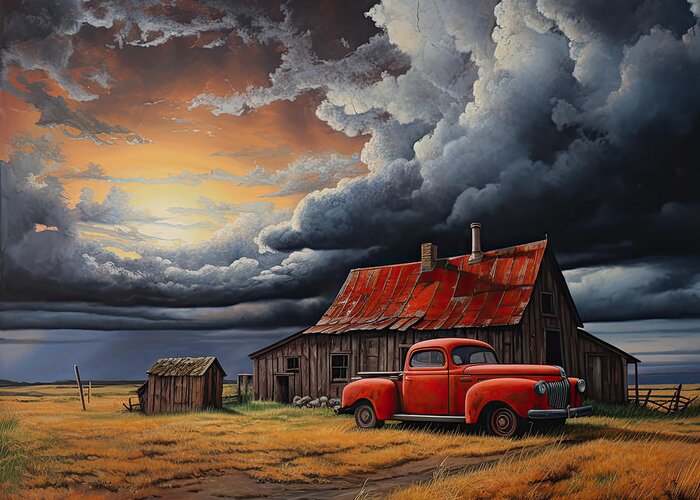 Rustic Greeting Card featuring the painting Barn and Red Truck Art by Lourry Legarde
