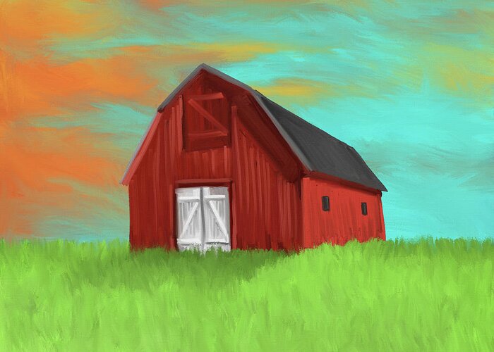 Modern Farmhouse Greeting Card featuring the digital art Barn and Sunset - Farmhouse Art by Shawn Conn by Shawn Conn