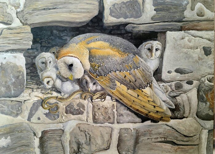 Barn Owl Greeting Card featuring the painting Barn Owl Family by Barry Kent MacKay