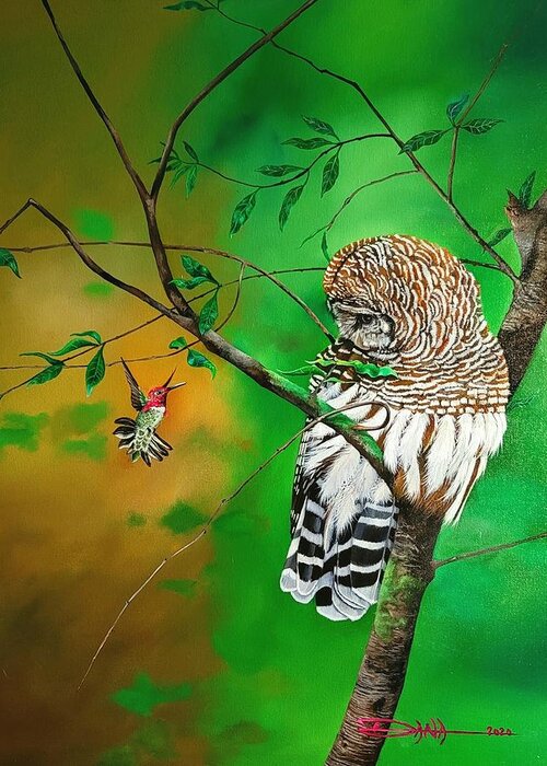 Birds Greeting Card featuring the painting Barred Owl and Anna's hummingbird by Dana Newman
