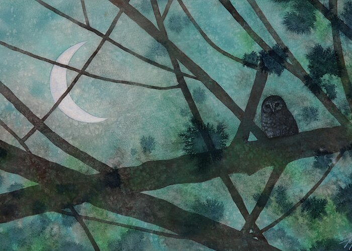 Strix Varia Greeting Card featuring the painting Barred Owl Moon by Robin Street-Morris