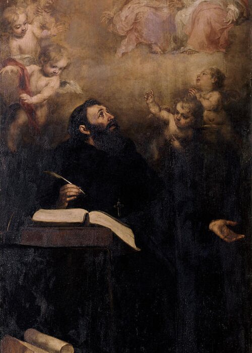 Augustine Of Hippo Greeting Card featuring the painting Bartolome Esteban Murillo / St. Augustine and Holy Trinity. SAINT AUGUSTINE. by Bartolome Esteban Murillo -1611-1682-
