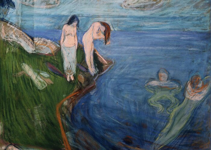 Edvard Munch Greeting Card featuring the painting Bathing women by O Vaering by Edvard Munch