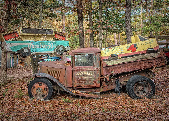 Old Greeting Card featuring the photograph Battered Rusty Jalopy In The Woods by Kristia Adams