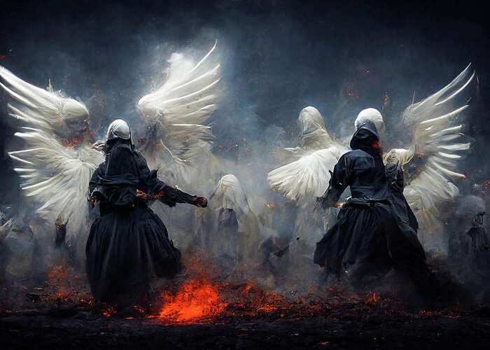 Angels Greeting Card featuring the digital art Battle Angels fighting in Heaven and Hell 04 by Matthias Hauser