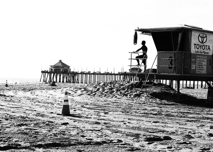 Huntington Beach Lifeguard Tower Black And White Beach Photos Pier Greeting Card featuring the photograph Baywatch by Hayleigh Smith by California Coastal Commission