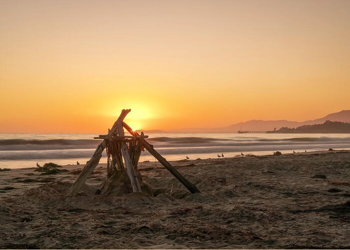 Sunset Greeting Card featuring the photograph Beach Birds and Teepee at Sunset by Lindsay Thomson