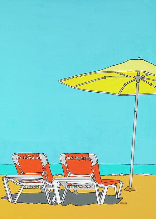 Orange Beach Chairs Water Longisland Montauk Florida Capecod Greeting Card featuring the painting Beach Chairs by Mike Stanko