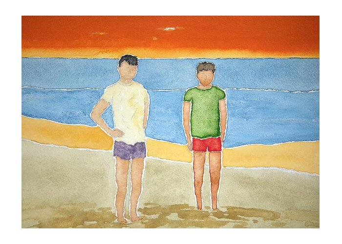 Watercolor Greeting Card featuring the painting Beach Dudes by John Klobucher