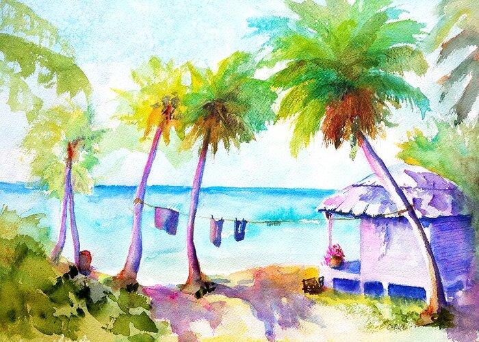 Troical Greeting Card featuring the painting Beach House Tropical Paradise by Carlin Blahnik CarlinArtWatercolor