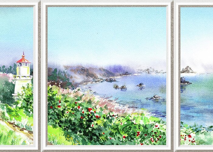 Window View Greeting Card featuring the painting Beach House Window View To Lighthouse by Irina Sztukowski