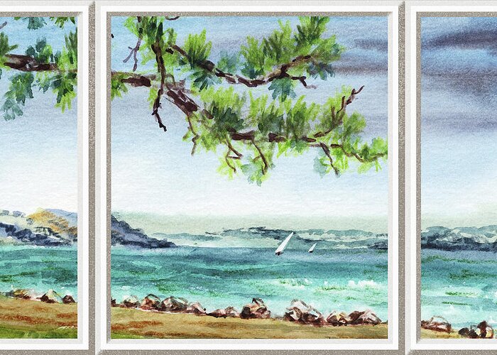 Window View Greeting Card featuring the painting Beach House Window View To Ocean And Sailboat Watercolor XVII by Irina Sztukowski