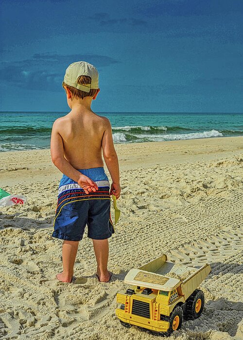 Kid Greeting Card featuring the photograph Beach with a Kid and a Truck by James C Richardson