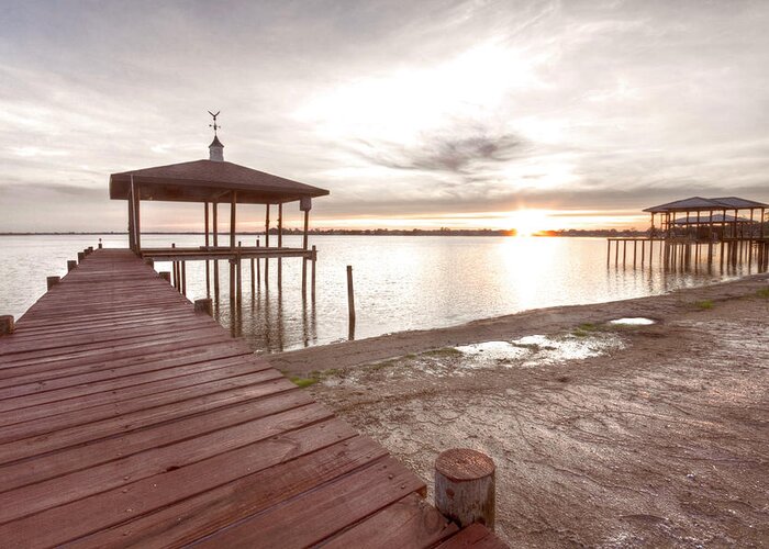 Clouds Greeting Card featuring the photograph Beachhouse Sunset Dock by Debra and Dave Vanderlaan