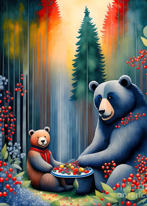 Abstract Greeting Card featuring the digital art Bear Eating Berries In The Forest - 2 by Philip Preston