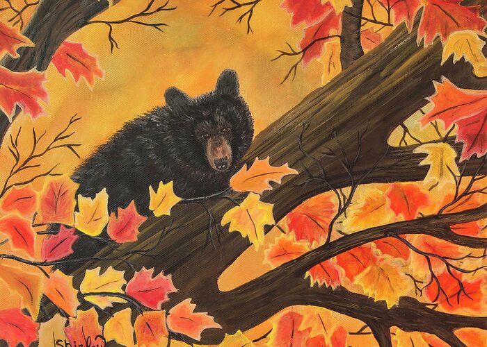Bear Greeting Card featuring the painting Autumn Surprise by Shirley Dutchkowski