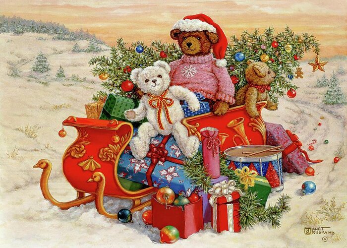 Children's Art Greeting Card featuring the painting Bear's Sleigh Ride by Janet Kruskamp