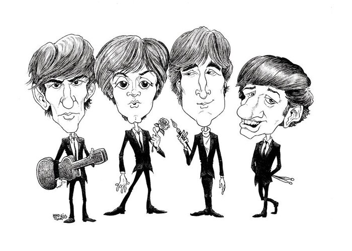 Caricature Greeting Card featuring the drawing Beatles 1965 by Mike Scott