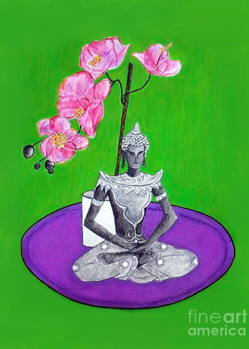Buddha Greeting Card featuring the painting Beautiful Buddha Under Orchids by Jayne Somogy