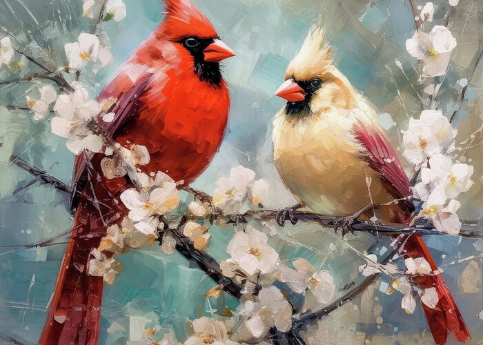 Northern Cardinals Greeting Card featuring the painting Beautiful Cardinal Couple by Tina LeCour