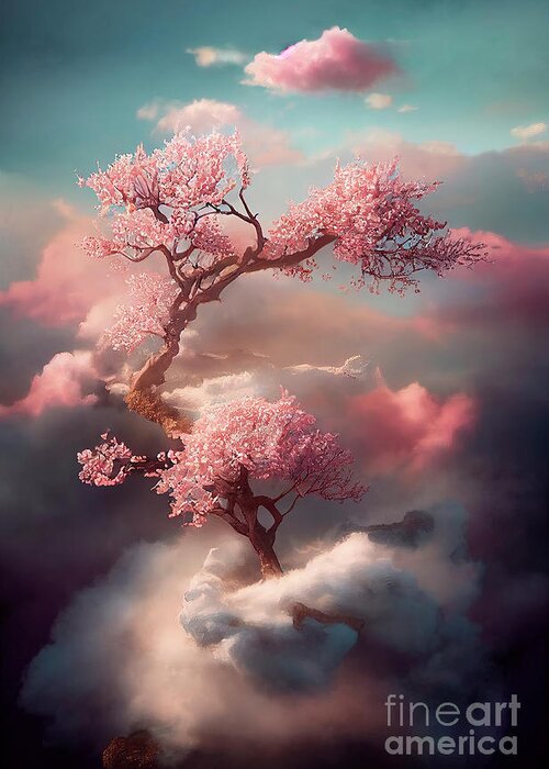 Cherry Greeting Card featuring the digital art Beautiful dreamy cherry blossom tree from heavenly clouds. Abstr by Jelena Jovanovic