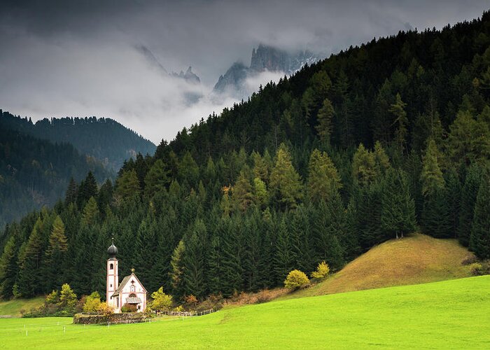 Dolomite Mountains Greeting Card featuring the photograph Beautiful small Alpine church in Italy. by Michalakis Ppalis