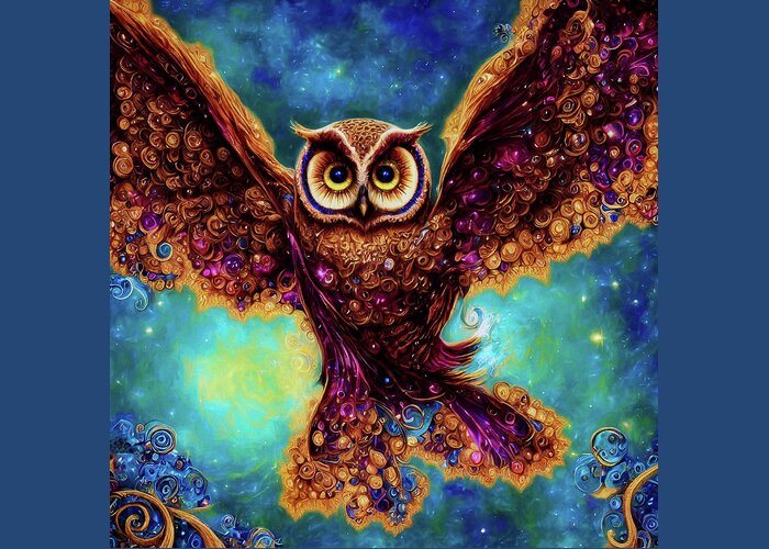 Owls Greeting Card featuring the digital art Bejeweled Owl in Flight by Peggy Collins
