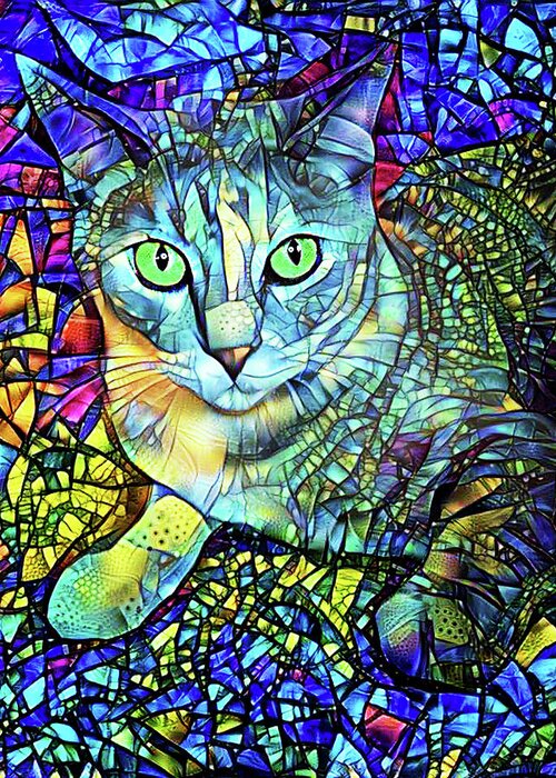 Cat Greeting Card featuring the digital art Bella the Stained Glass Cat by Peggy Collins