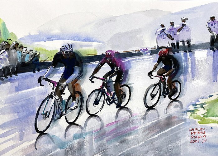 Le Tour De France Greeting Card featuring the painting Ben O'Connor On the Climb Stage 9 TDF 2021 by Shirley Peters