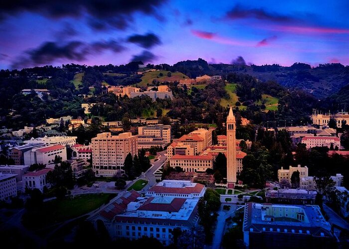 Berkeley Greeting Card featuring the digital art Berkeley University of California campus - aerial at sunset by Nicko Prints