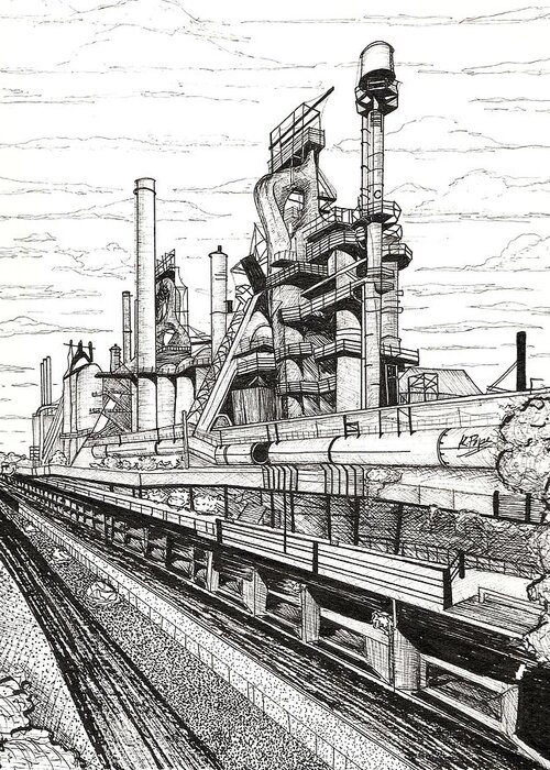 Bethlehem Greeting Card featuring the painting Industrial Elegance Bethlehem Steel Stacks Close-Up by Kenneth Pope