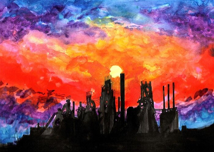 Bethlehem Greeting Card featuring the painting Industrial Sunset Serenade by Kenneth Pope
