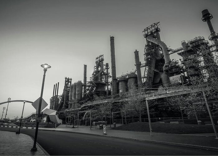 Bethlehem Greeting Card featuring the photograph Bethlehem SteelStacks April Glow Black and White by Jason Fink