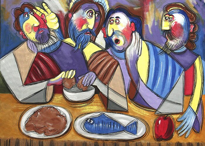 The Last Supper Greeting Card featuring the painting Betrayal At The Last Supper Matthew 26 20-25 by Anthony Falbo