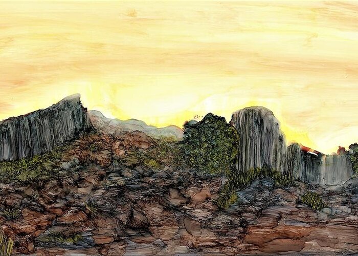 Rock Greeting Card featuring the painting Between a rock and an arroyo by Angela Marinari