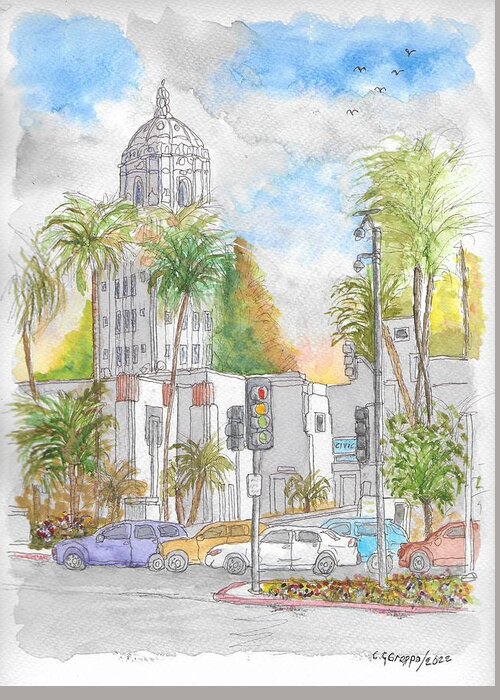City Hall Greeting Card featuring the painting Beverly Hills City Hall, Beverly Hills, California by Carlos G Groppa